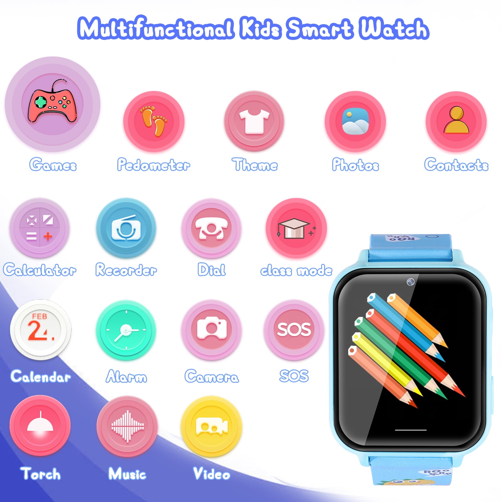 Smart Watch for Kids, Boys Girls Smartwatch with 10 Puzzle Games, Music Player, Pedometer, SOS Call, Camera, Alarm, Recorder, Calculator, Children Wristwatch for Birthday Gift (Blue)