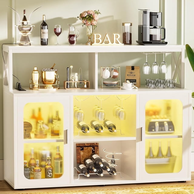 Estante de Vino no Empotrado para Piso,Clóset no Empotrado para Barra de Vino, Rack de Vinos, Rack para Botellas de Vino, con 2 Botelleros, 4 Portavasos para Copas de Vino y luz LED(Blanco)