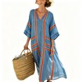 thumbnail image 2 of KHONTS Women's 3/4 Sleeve V-Neck Strip Oversize Linen Maxi Dress Plus Size Loose Long Dresses 04-Blue XXXXXL, 2 of 6