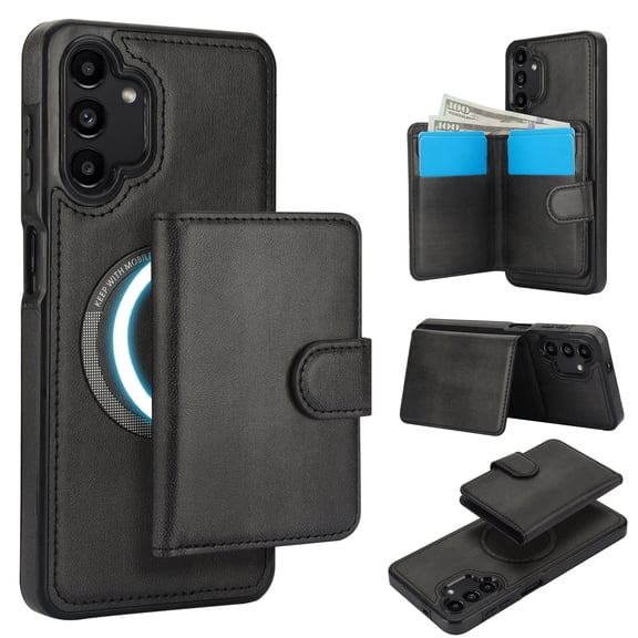 Allytechgroup Detachable Cards Holder Case for Samsung Galaxy A13 4G, RFID Blocking 2 In 1 Wallet PU Leather Case with Stand Compatible with Magsafe Shockproof Cover for Galaxy A13 4G, Black