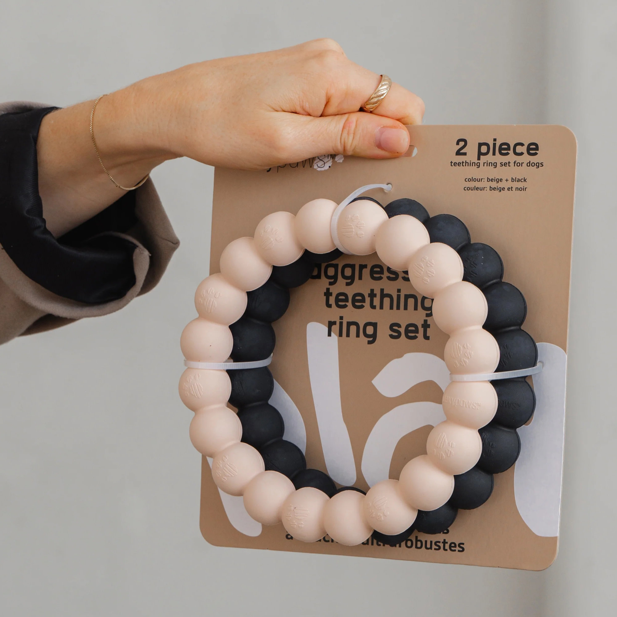 Dexypaws: Super Chew Rings - Beige & Black - 2pc Dog Teething Toys, Aggressive Chewers, Fetch & Tug, Textured Circles, Durable Rubber, Pet Play