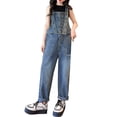 thumbnail image 3 of XIMIN Girls' Washed Denim Overalls - Adjustable Strap Button Front Bib Overalls with Pockets & Cropped Fit (Blue, 15-16 Years), 3 of 9