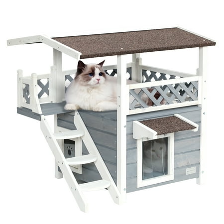 UPC: 0850022526046 | Petsfit Outdoor Cat House for Feral Cats Weatherproof 2 Story Wooden Kitten Condo with Escape Door Red