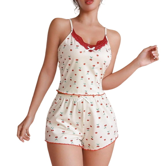Gkeoshab Pajamas for Women Set Women Cute Cherry Print Deep V Lace Trim Spaghetti Strap Pajama Set Slim Fit Soft Comfy Casual Loungewear Sleepwear Top Shorts Suit Pink