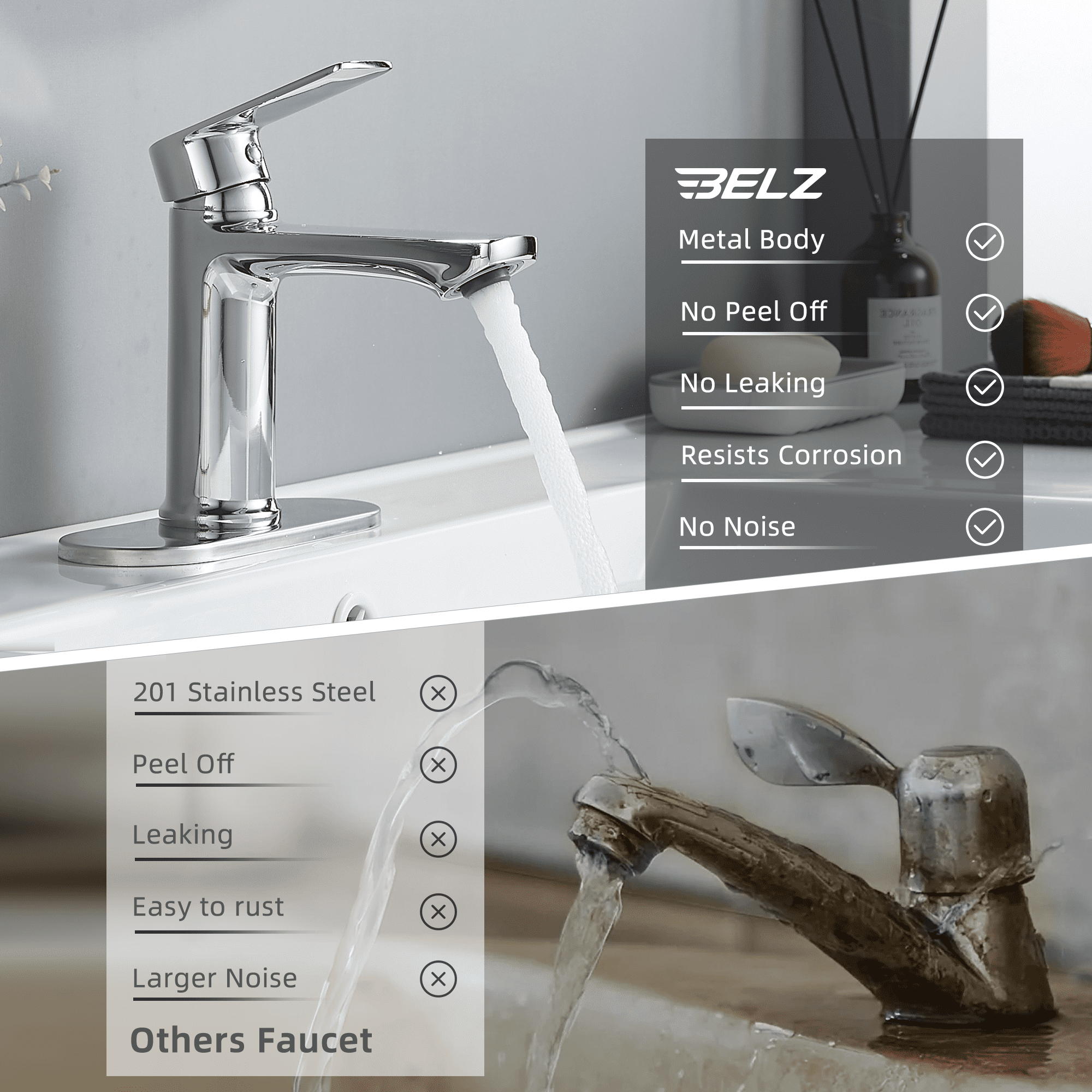BELZ Bathroom Faucet Modern Waterfall Bathroom Sink Faucet with Single Handle with Pop Up Drain and Deck Plate Suitable for 1 or 3 Holes, Chorme