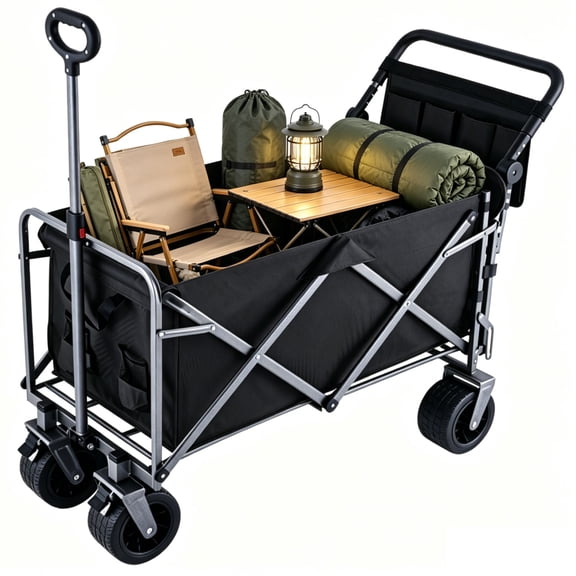 Nalwort Collapsible Wagon Cart Foldable 550LBS Beach Wagon with Big All-Terrain Wheels Weight Capacity Heavy Duty Utility Carts with Cup Holders,Double headed pushable