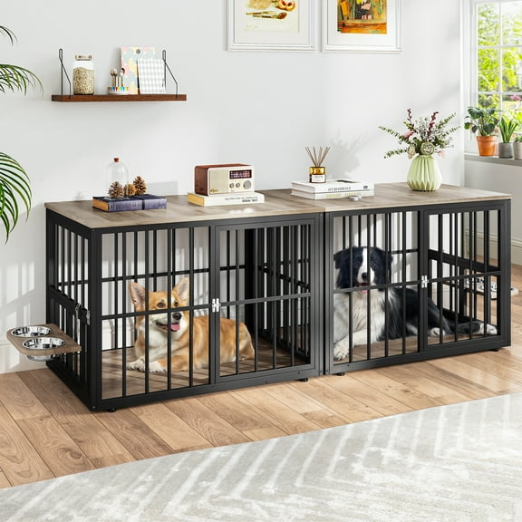 Dextrus 88.6" 4-in-1 Large Double Dog Crate Furniture,Heavy-Duty Wooden Dog Kennel with 360° Swivel Bowls & 3 Doors,Dog Crate Furniture TV Stand for 2 Medium/Large Dogs,Gray