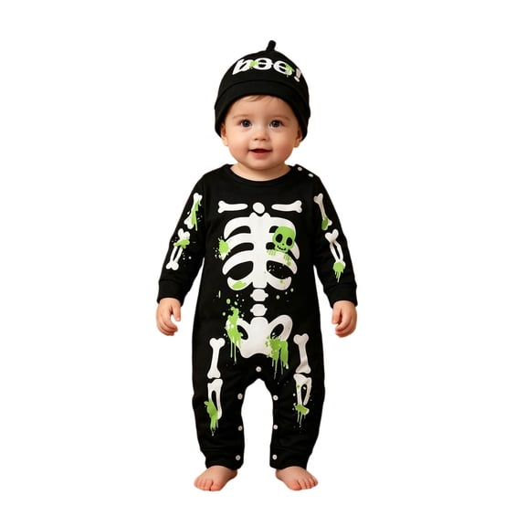 REDARER Baby Long Sleeve Footless Jumpsuit Matching Hat Set Skeleton Skull Splash Print Full Length Snap Romper Halloween Party Daily Holiday Outfit,9-12 Months