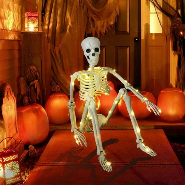 Todaioua 16 Inches Halloween Skeleton, LED Light Up Pose-N-Stay Halloween Skeleton Full Body Posable Movable Jonints for Halloween Decoration