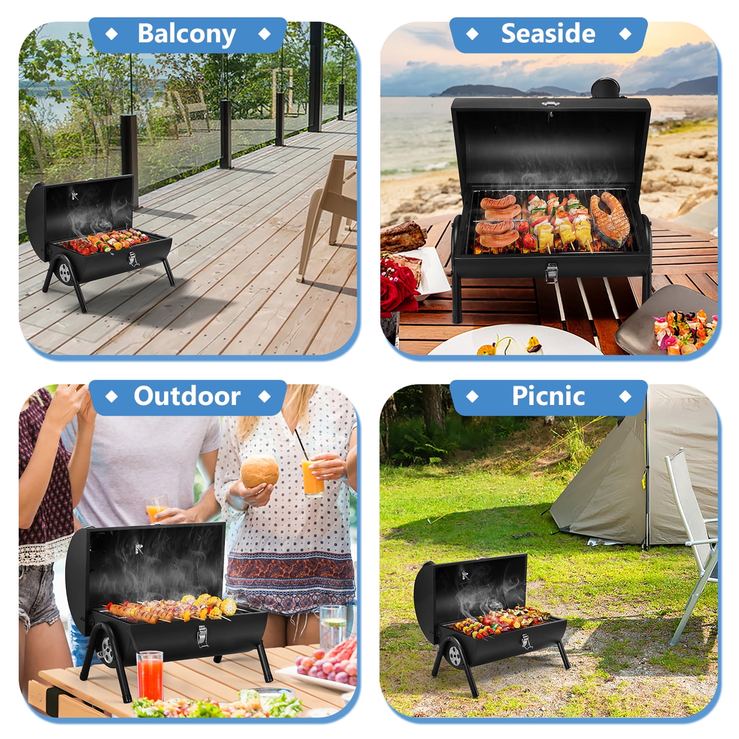 Walchoice Portable Charcoal Grill Set of 23, Small Tabletop Barbecue Grill with Grilling Accessories for Outdoor Cooking Camping Backyard Beach, Thermometer & Chimney, Black