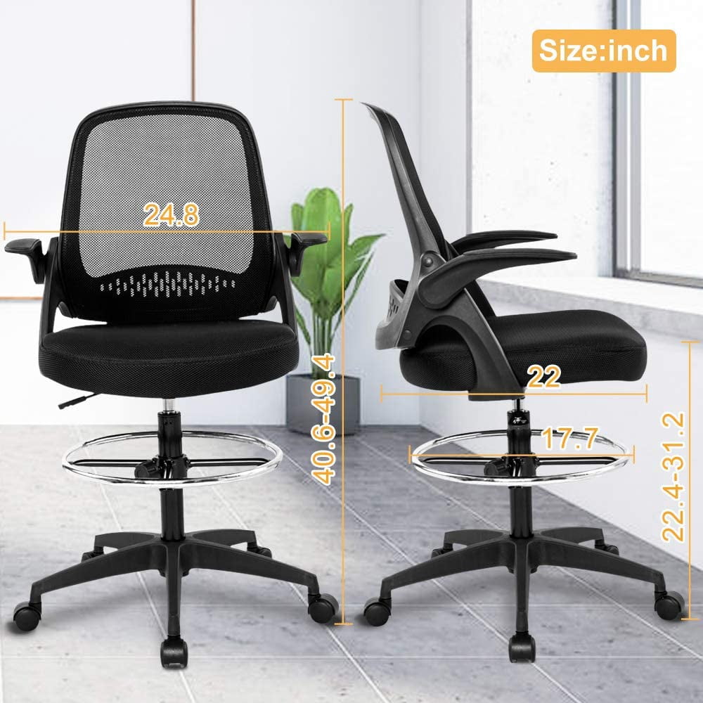 Drafting Chair Ergonomic Mesh Office Chair for Standing Adjustable Computer Desk Chair Home Office Desk Chair Mesh Task Chair with Footring & Flip Up Arms