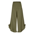 thumbnail image 4 of Pantalones anchos de lino para mujer - Pantalones palazzo de playa con cintura fruncida y dobladillo con volantes, con bolsillos, para uso informal, viajes, vacaciones y trabajo, 4 of 8