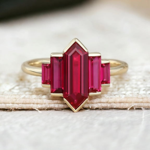thejewelryart Handmade Ring Hexagon Cut Ruby Engagement Ring with Baguette Accents Gems Timeless Bridal Jewelry Gift for Her Silver 3