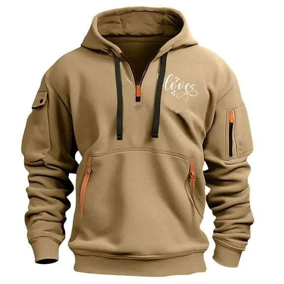 Men Clearance All 2024!LEBONYARD Mens Clothing Sale,Fashionable Men's Printed Hooded Sweatshirt with Zipper and Multiple Pockets Pullover Sweatshirt Khaki S