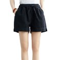 thumbnail image 1 of Talla negra XXL [corresponde a XL] pantalones cortos de mezclilla de cintura alta con cintura elástica lavada y pantalones cortos informales de pierna ancha con cordones, 1 of 3