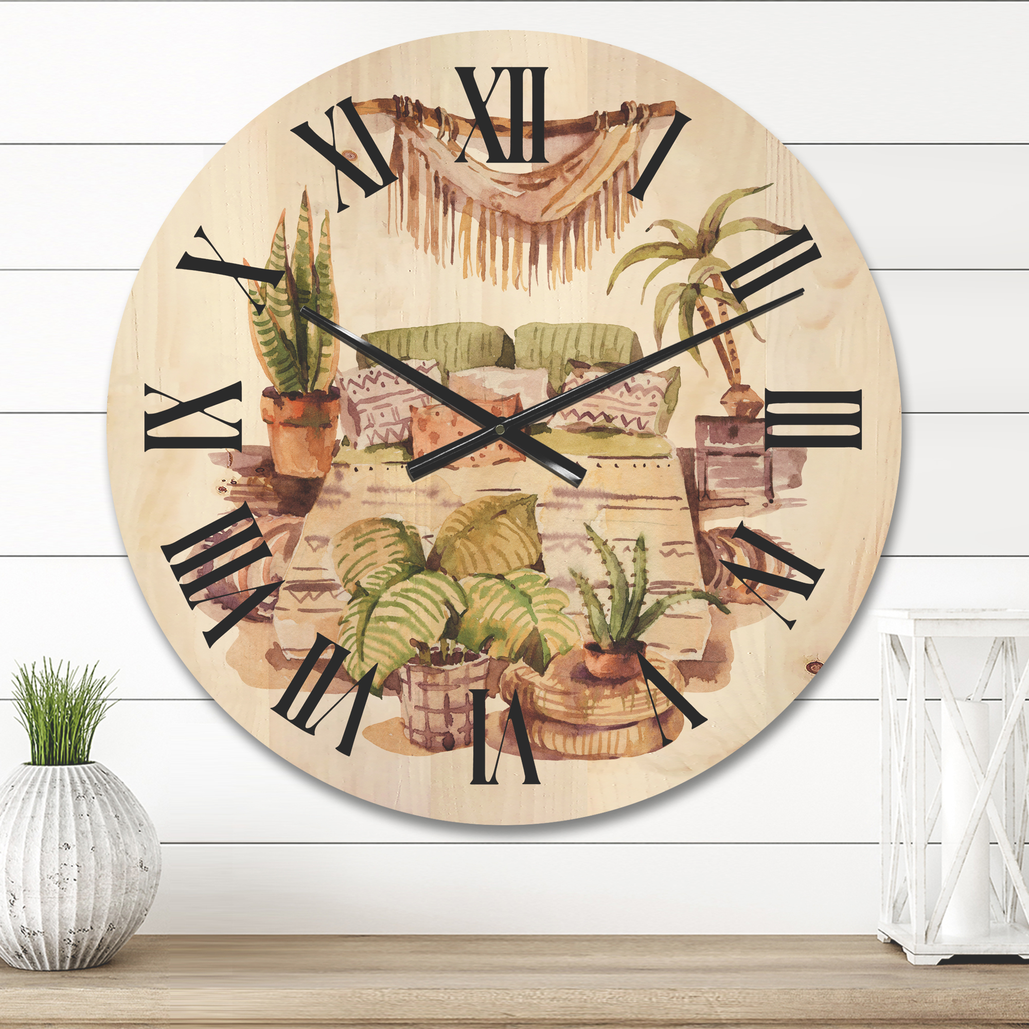 Designart 'Indoor House Plants Urban Jungle in Flowerpots IV' Traditional Wood Wall Clock
