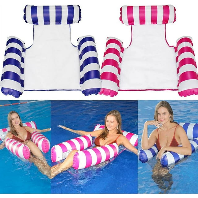 Paquete de 2 tumbonas de agua para piscina, flotador inflable para piscina, hamaca multiusos para piscina y fila de hamacas de agua (rayas azul oscuro + rojo rosa)