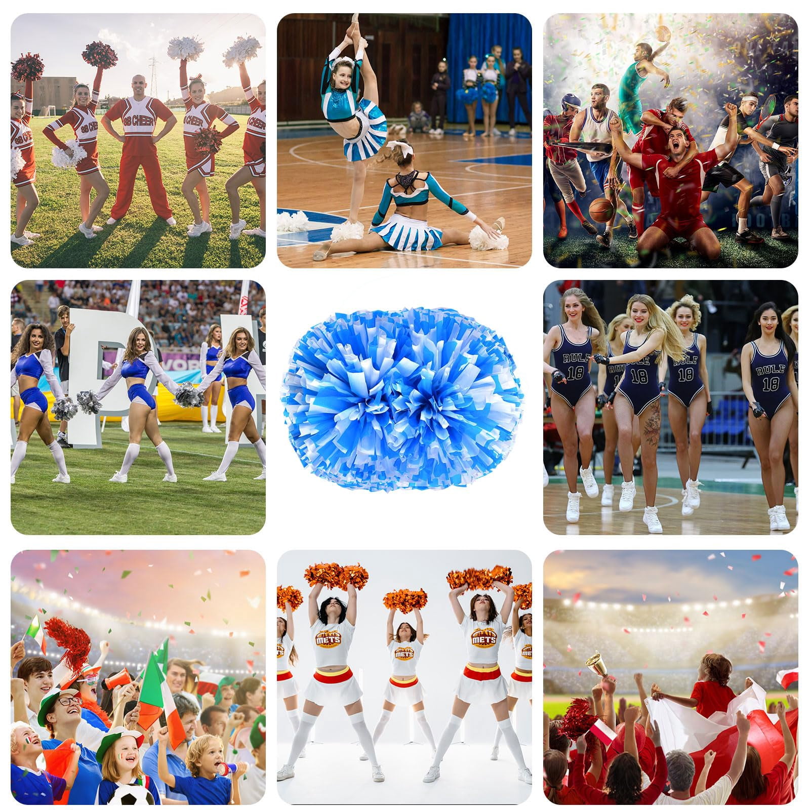 Cheer Pom Poms 20 Pcs with Handle, Cheerleading Handheld Squad Pompoms for Sports Team Cheer Spirit Games Dance Party Adults