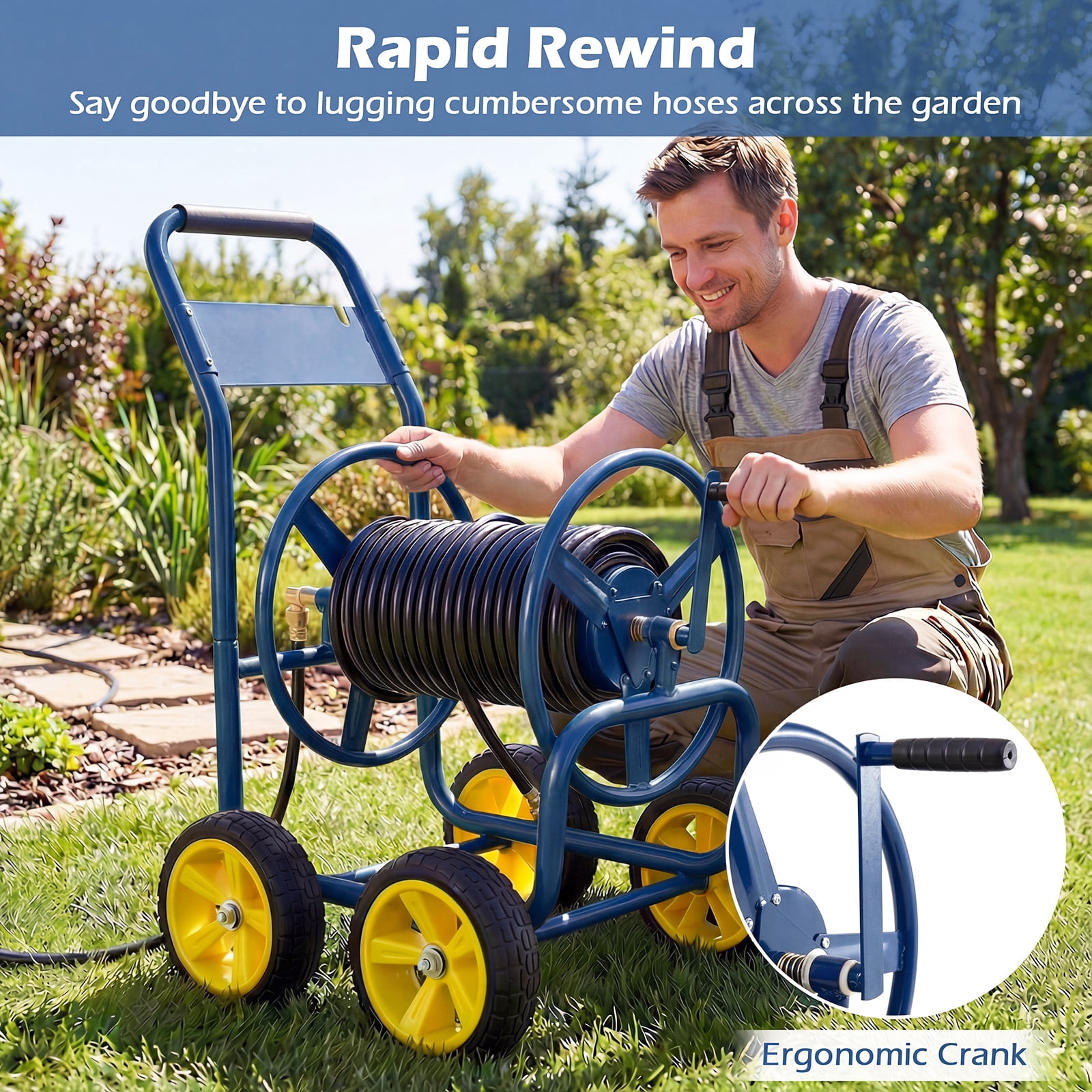 Costway Garden Hose Reel Cart 4 Wheels, 330 ft 5/8” Large Capacity for Outside Yard Lawn Navy