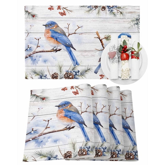 Christmas Blue Placemats Set of 8 on Pine Tree Winter Berry Wood Grain Heat Insulation Washable Place Mats, Rustic Non-Slip Table Mats for Dining Table Party Kitchen Decor,13x19 Inch