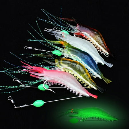 ASKMZ 5Pcs 9cm Luminous Fake Shrimp Soft Silicone Fishing Bait with Bead Swivel Hook