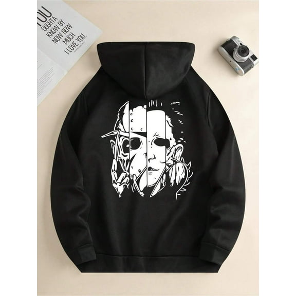 Men's Loose Fit Hooded Drawstring Printed Streetwear Sweatshirt With Horror Character Graphic, Comfortable And Warm, 50% Cotton And 50% Polyester Blend, Suitable For Everyday Wear In Autumn, Unisex P