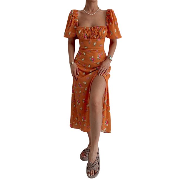 VISgogo Vestido de manga corta para mujer con estampado floral, correa de cuello cuadrado, versión dividida, ropa de verano VISgogo moda