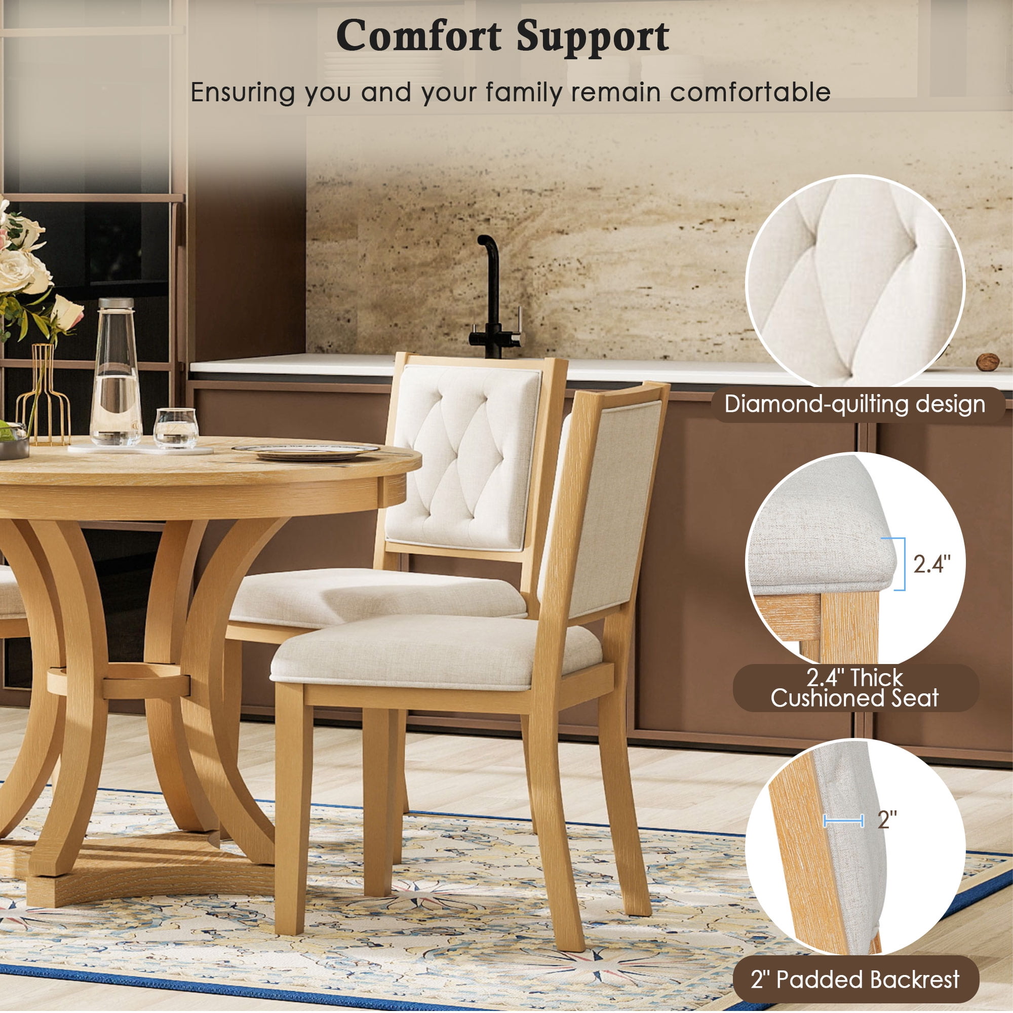 Mintazer 5 Piece Extendable Round Dining Table Set, Retro Expandable Dining Set with Round Table & 4 Tufted Upholstered Chairs for Living Room Dining Room, Natural