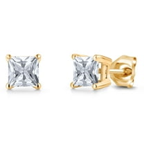 Gem Stone King 14K Yellow Gold White Zirconia Double Notch Stud Earrings | 1.50 Cttw | Gemstone Birthstone | Princess 5MM | Gold Earrings for Women Men