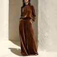 thumbnail image 2 of Szluipve 2 Piece Sets for Women Velvet 2 Piece Matching Outfit High Neck Pleated Long Sleeve Blouse Top & High Waist Wide Leg Palazzo Pants Elegant Party Set with Pockets Coffee 2XL, 2 of 9