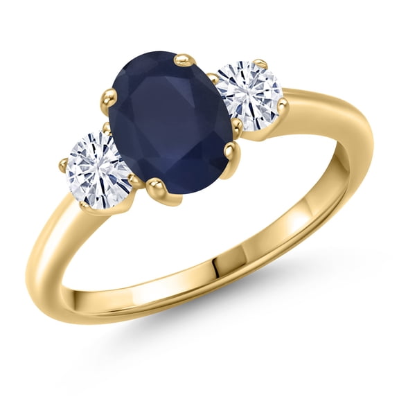 Gem Stone King 10K Yellow Gold Blue Sapphire and White Moissanite Engagement Ring for Women | 2.26 Cttw | Oval 8X6MM | Gemstone September Birthstone | Size 7