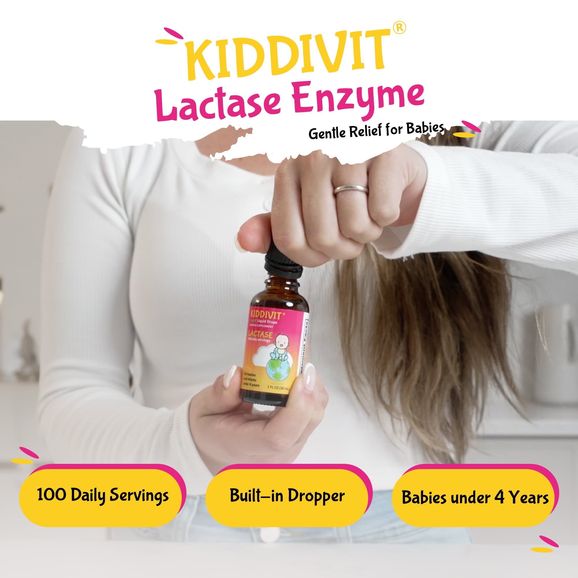 Kiddivit Baby Lactase Drops 1000 Units - 100 Daily Servings, 1 FL OZ (30 mL) - Built-In Dropper, Glass Bottle - Gluten Free, Vegetarian Friendly
