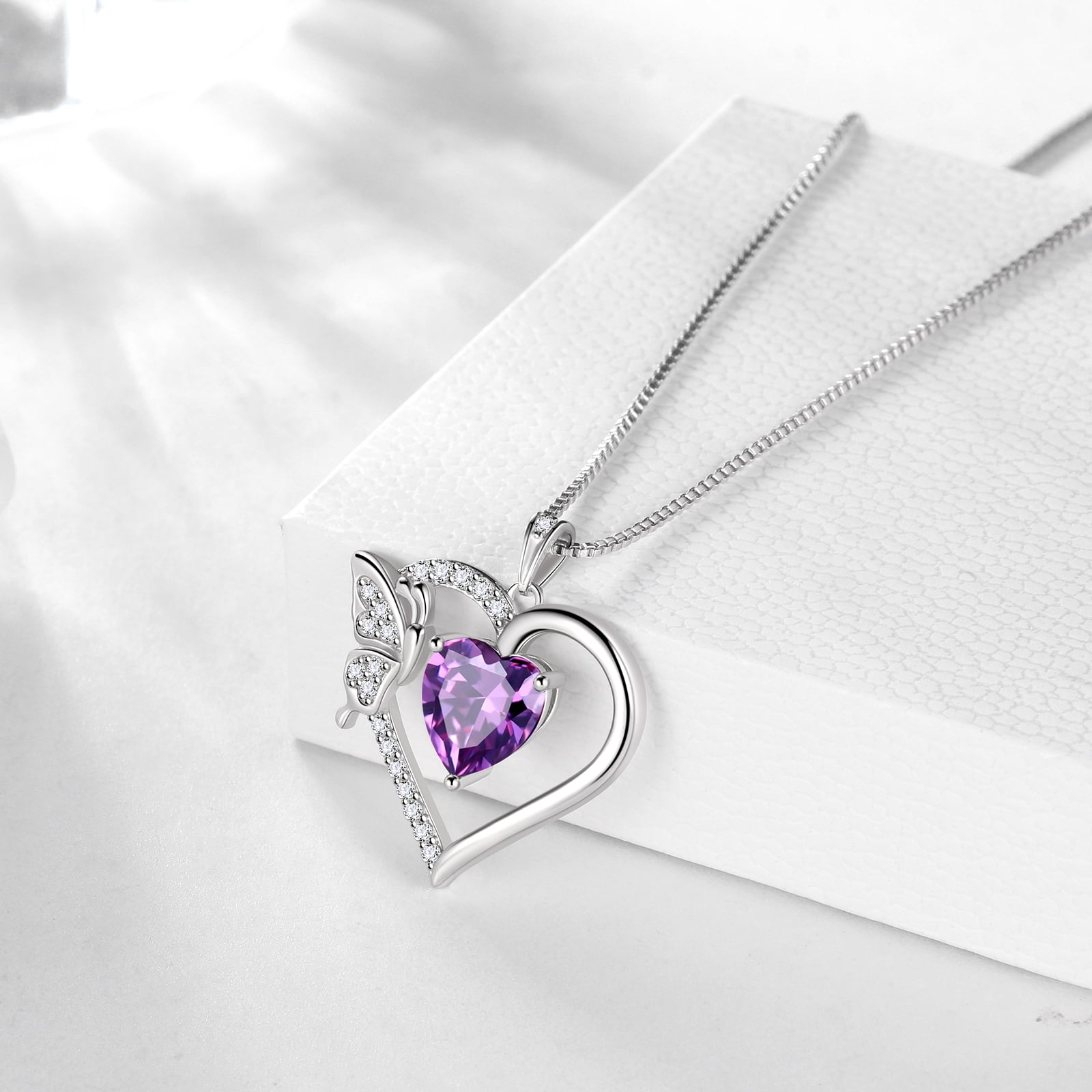 Purple Heart Necklace Butterfly February Birthstone Necklace Amethyst CZ 925 Sterling Silver Pendant Jewelry Women Birthday Valentine's Day Gift