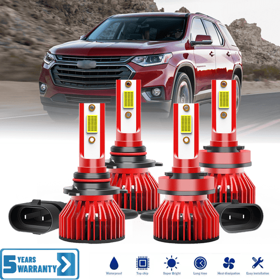 Fit for Chevy Traverse 2009-2012 – 9005 H11 LED Headlight Combo 4 Pack, 6,500K Cool White 30,000LM Super Bright, Premium LED High Low Beam Lamp Upgrade Set