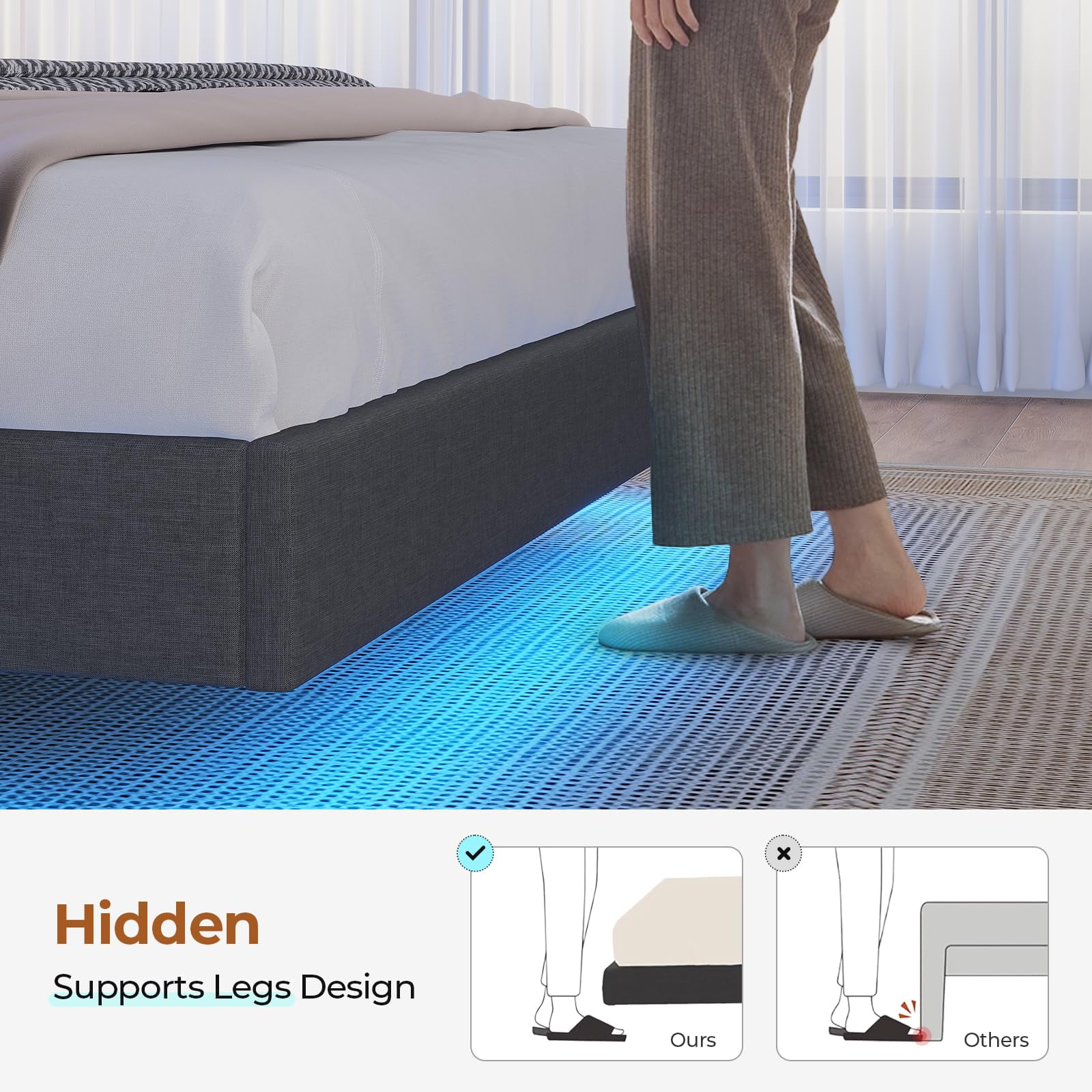 Floating Bed Frame Full Size with LED Lights Headboard, Visual Floating LED Bed Frame with Hidden Storage and USB Port Charing Station, No Box Spring Needed, Dark Grey