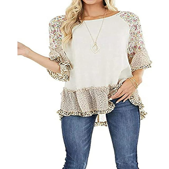 Women 3/4 Sleeve Solid Floral Hem Leopard Print Blouse Loose Top