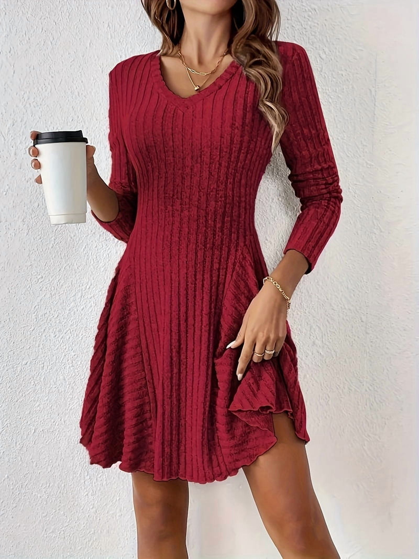 Women Long Sleeve Ribbed Knit Short Dresses Fall Winter V Neck Casual Swing A Line Sweater Dress
