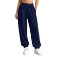 thumbnail image 3 of Women's Fall Solid Wide Leg Casual Sweatpants, Elastic Gathered High Waist Deep Side Pockets Soft Knit Wrinkle Resistant Full Length Pants for Daily Shopping | TruHer,Navy XL, 3 of 9