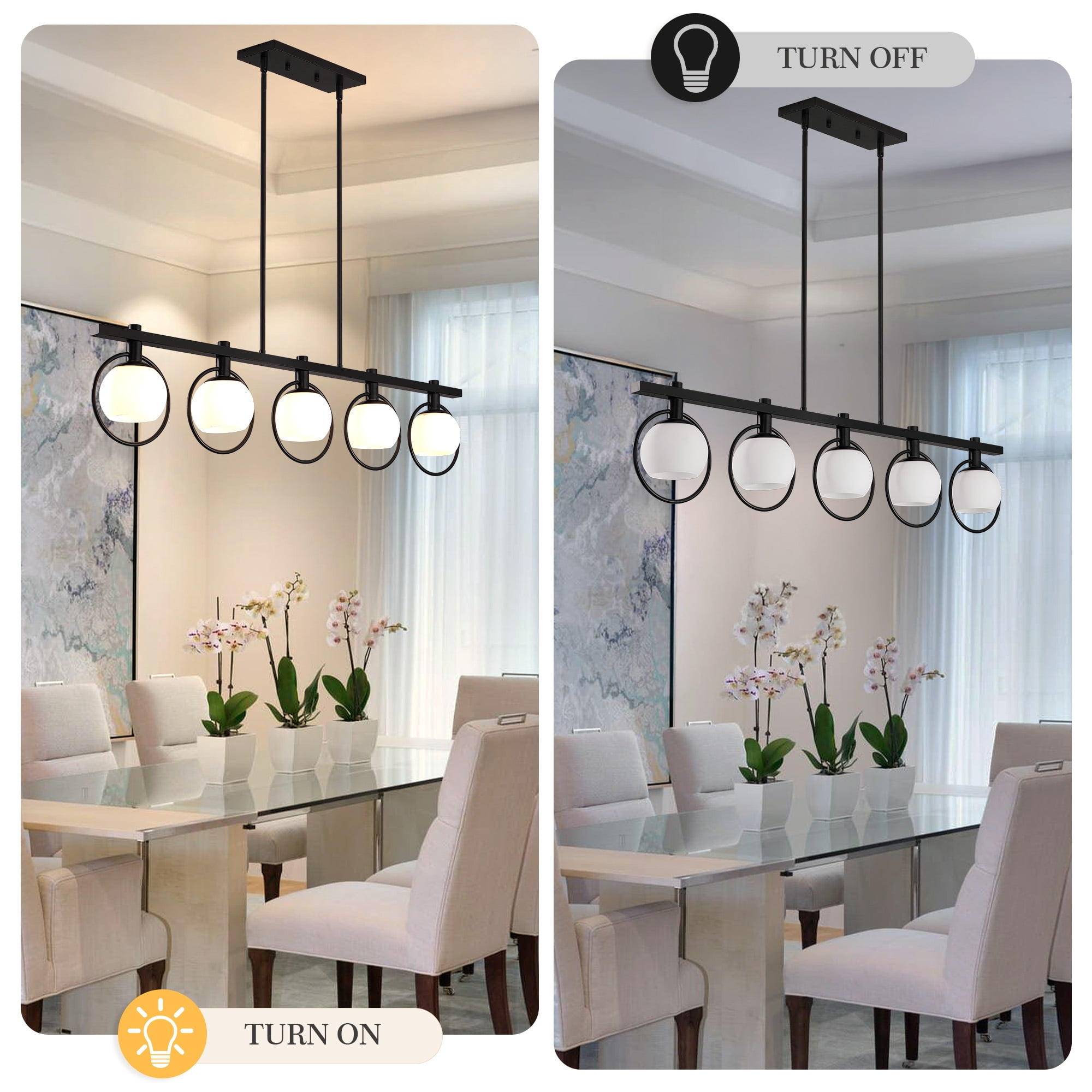 LovingAHome 5-Light Kitchen Island Pendant Light Metal Swivel Bars with Glass Shade Dining Room Light Fixture,Black