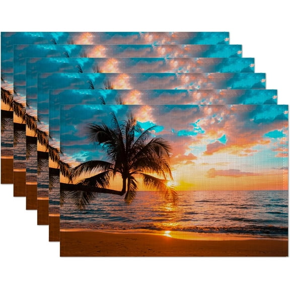 Tropical Palm Placemats Set of 6,Sunset Trees Sea Beach Table Mats Non-Slip Heat Resistant Washable Placemat for Party Kitchen Dining Table Decoration Indoor Outdoor