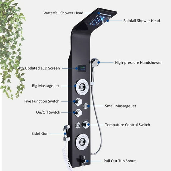 Juno New LED 6 Function Shower Panel Digital Display LED Rain Shower Panel 2 Way Body Jet Black Shower Spa