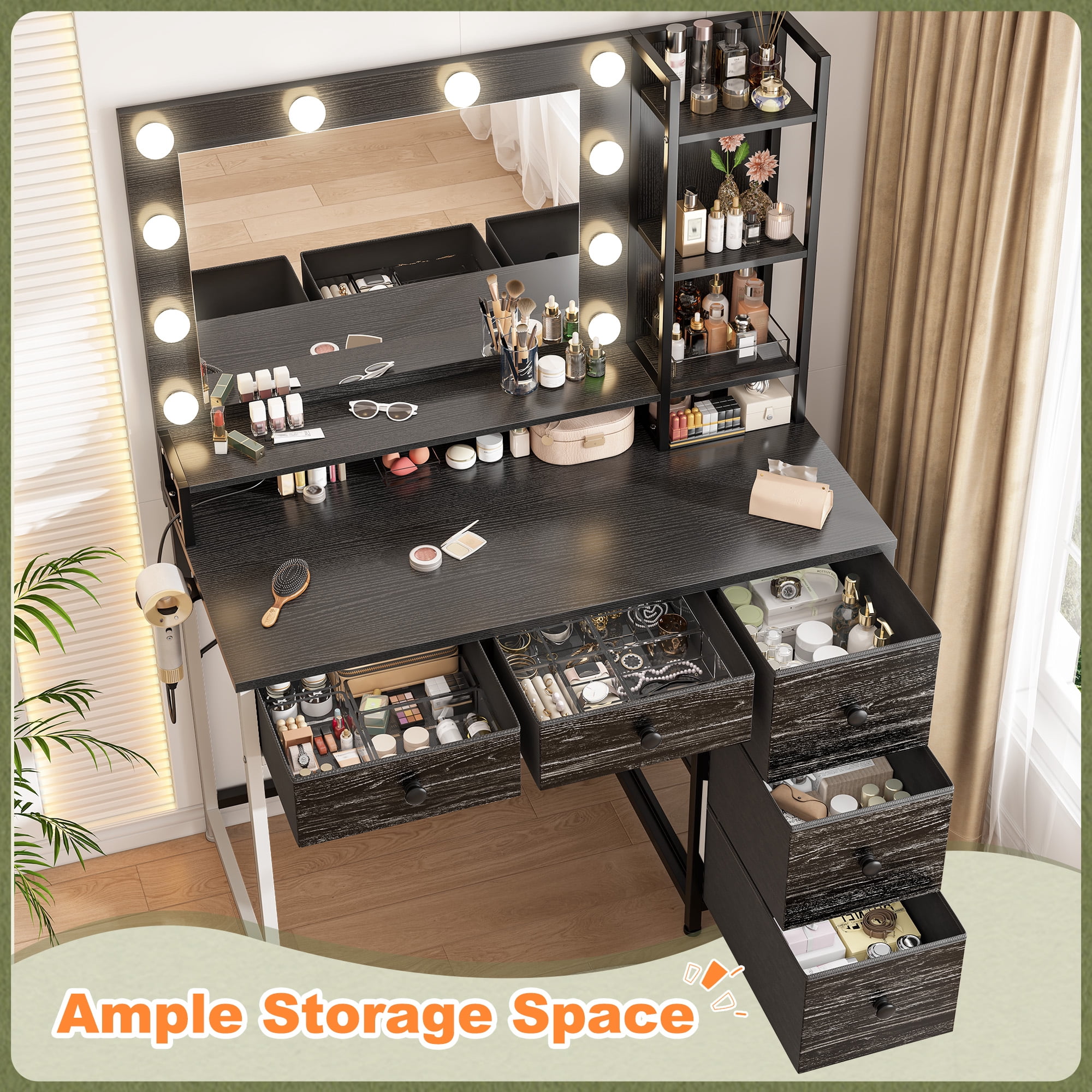 Black Vanity with Mirror and Lights Makeup Vanity Desk with 5 Fabric Drawers Dressing Table with Storage Drawers for Bedroom