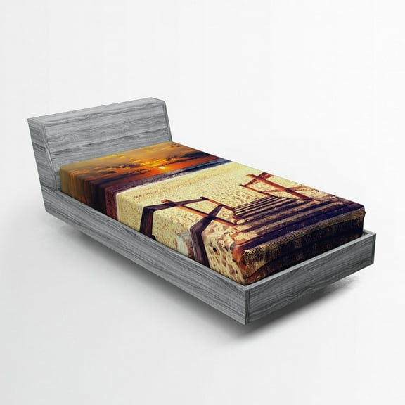 Ambesonne Beach Fitted Sheet, Romantic Sunset Skyline, Twin Size, Orange Cream