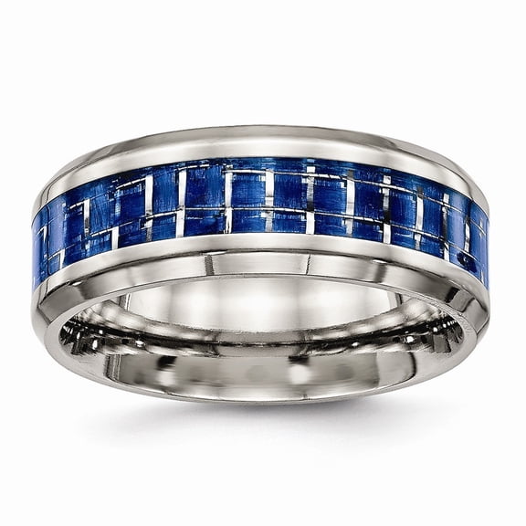 8mm Titanium Polished Blue White Carbon Fiber Inlay Ring - Size 11.5
