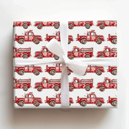 Vintage Watercolor Red Fire Truck Pattern Gift Wrapping Paper