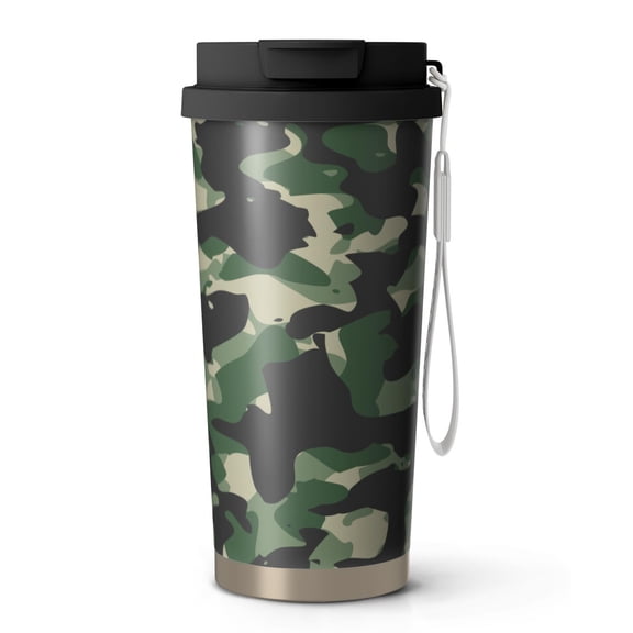 18oz Travel Coffee Mug, 316 Stainless Steel Vacuum Insulated Tumbler with 2-in-1 Straw Lid & Strap, Camouflage Print