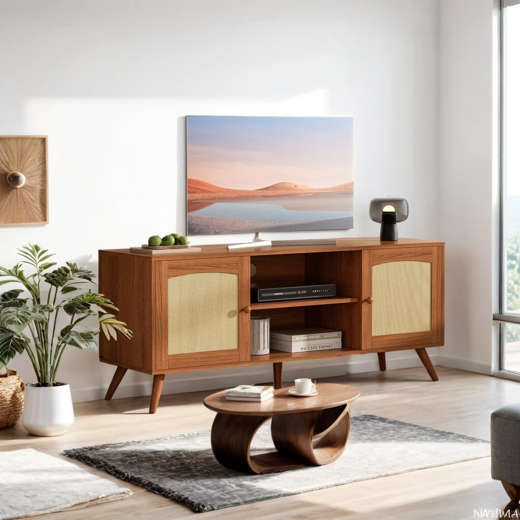 DIYART Brown Rattan TV Stand for 60 Inch TV, Wooden Mid Century Modern Entertainment Center with Natural Rattan Door, Boho Media TV Console for Living Room