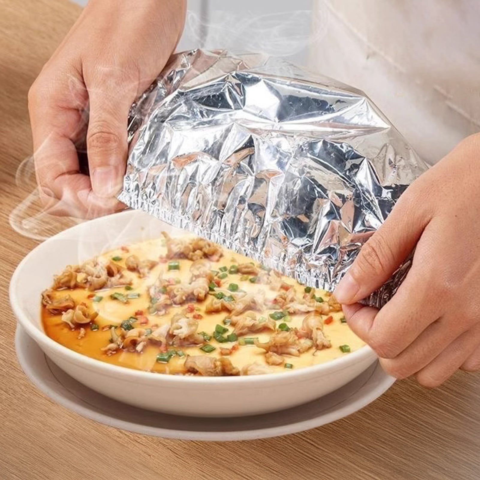 Opvise Stretchable Aluminum Foil Food Covers - Heat-Resistant, Reusable, Universal Fit (11cm-28cm) for Containers, Bowls, Microwave, Freezer & Picnic Use - 10/100 Pcs