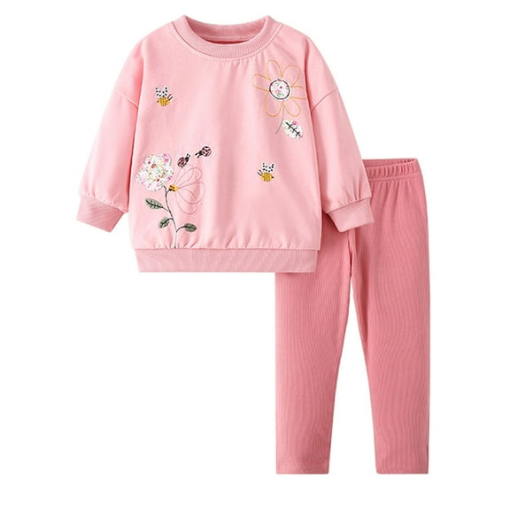 Ruiwill Girl Outfit Set Sets Winter Autumn Cartoon Sunflower Floral Print Long Sleeve Round Neck Top With Elastic Waist Pants Two Piece Toddler Kids Clothes Girl Clothes Pink Size 1-2 Years