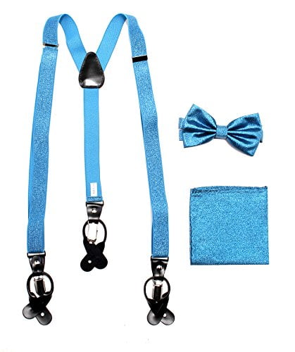 New in box Men Convertible Elastic Turquoise blue Suspender/_bowtie /& hankie